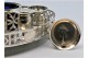 Tinteiro em prata com gradinha, dois depósitos, dois suportes de canetas e campainha.